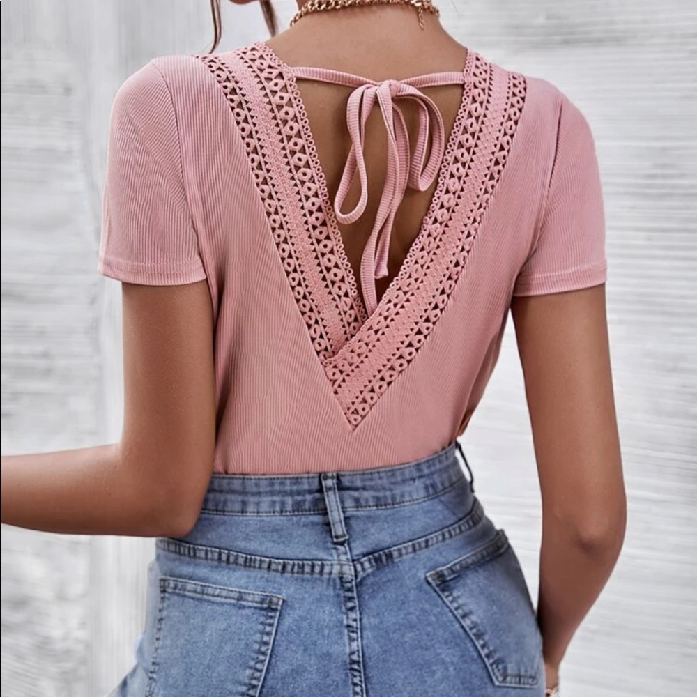 Pink lace trim tie back blouse